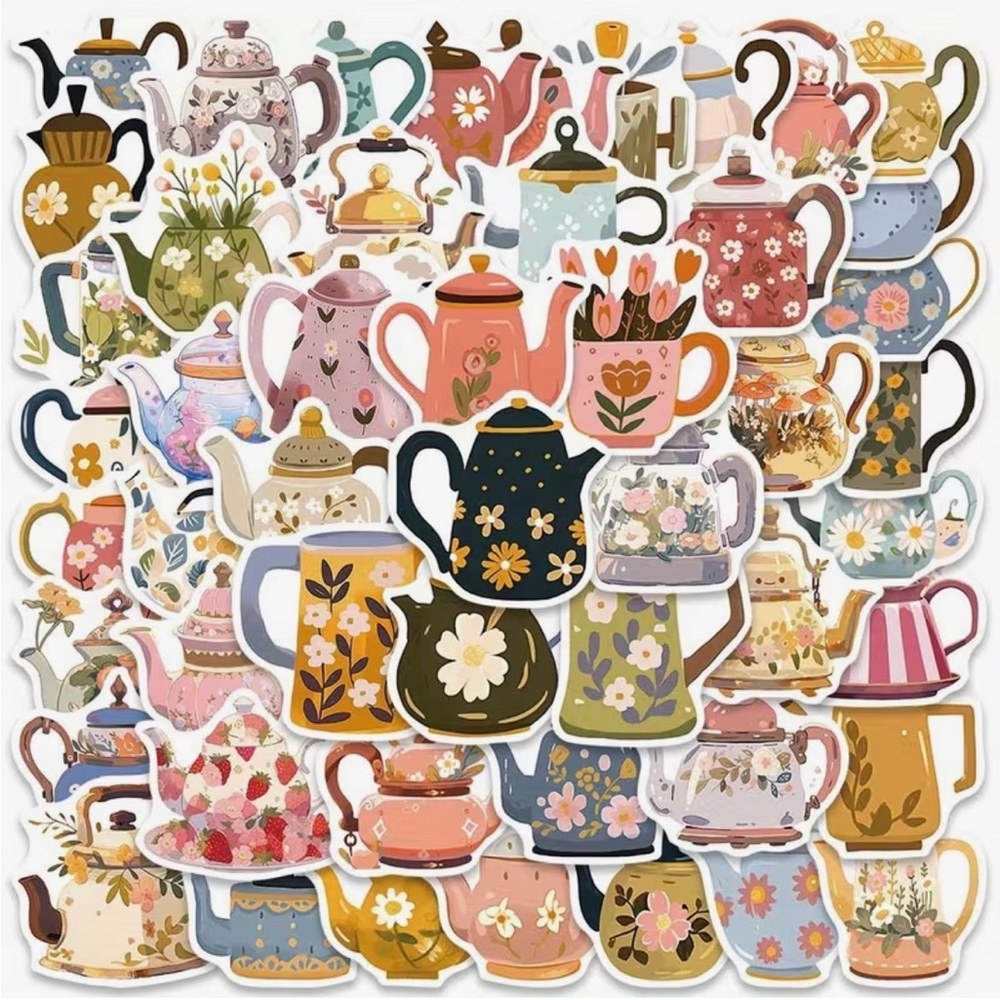 50 Teapot Stickers Coffee Pot Pitcher Flowers Floral Tea Party Floral